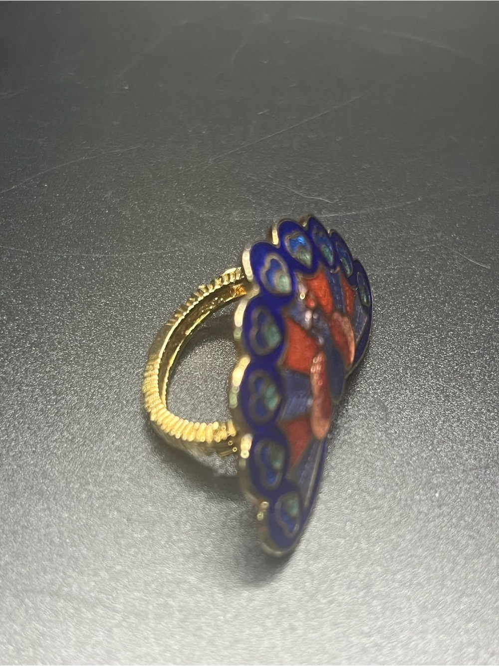 Vintage Cloisonné Peacock Adjustable Ring Blue Enamel Gold Tone - Picture 3 of 9